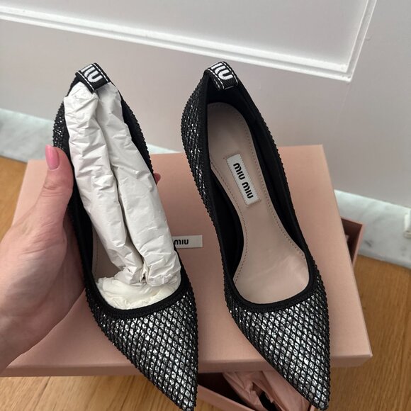 NWT Miu Miu Pointed Toe Pumps Black Mesh Silver Glitter High Heels 35.5 - Picture 6 of 12